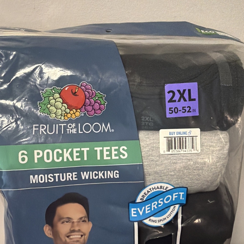 6-Pack Fruit Of The Loom Pocket T-Shirts Sz 2XL 50-52, Black & Gray Colors, NEW! - Picture 2 of 7